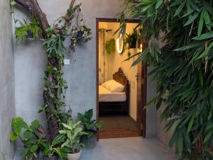 a hallway with plants and a bed in a room at Wild Pulse Yala in Tissamaharama