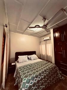 a bedroom with a bed and a ceiling fan at C&B House MV in Accra