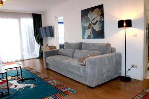 a living room with a gray couch in a living room at Suite im Zentrum Süd-Balkon Parken in Bad Lippspringe