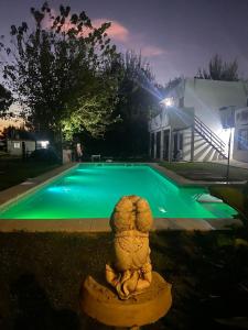 a statue in front of a swimming pool at night at Posada Tordillo Hosteria Rural in Chascomús +12 photos