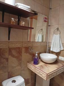 a bathroom with a sink and a toilet and a mirror at Casa morfo in Bijagua +12 photos