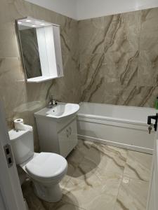 a bathroom with a toilet and a sink and a bath tub at Pollux Residence Militari Ap 81 in Bucharest