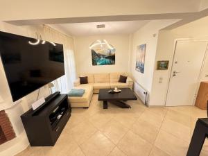 a living room with a couch and a tv at Villa Mickey in Hanioti