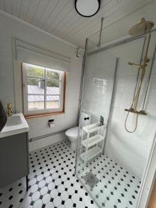 a bathroom with a shower and a toilet and a sink at Cozy big villa in Hanko in Hanko +18 photos