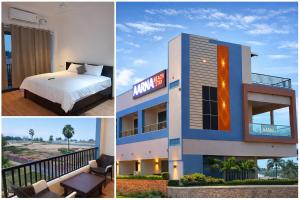 a hotel room with a bed and a balcony at Aarna Beach Stay in Vadarevu