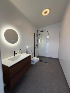 a bathroom with a sink and a toilet at Alpan Apartments, Lyngenfjord in Olderdalen +108 photos