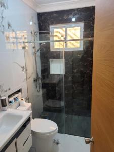 a bathroom with a shower and a toilet and a window at Apartahotel Henry Winche in Sabana Grande de Boyá +20 photos