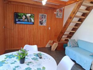 a living room with a couch and a tv on a wall at Mini departamento 3 in Coñaripe