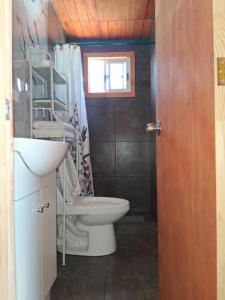 a bathroom with a toilet and a sink at Mini departamento 3 in Coñaripe +13 photos
