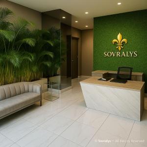 a lobby with a sonyswax sign on a green wall at 80M Luxury Ocean View Apartment PH The Sands, Next to Hilton in Panama City +24 photos