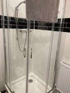 a shower with a glass door in a bathroom at Oldcotes Studio in Firbeck