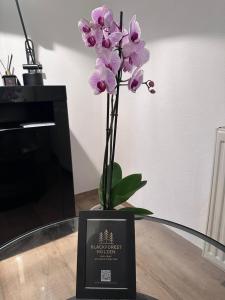 a vase of purple flowers on a glass table at Pendler Montagewohnung Kandern, Lörrach, Basel D,CH, FR in Holzen