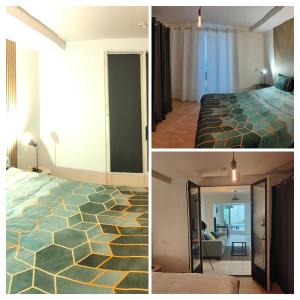 two pictures of a hotel room with a bed and a mirror at Le Liseo - Terrasse, véranda au cœur du centre ville in Niort