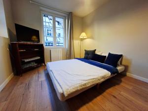 a bedroom with a bed and a tv and a window at Les gîtes de Wissembourg - La Tannerie in Wissembourg
