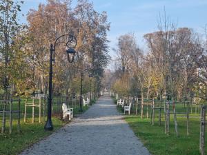 a path in a park with benches and a street light at Apartman Lipik in Lipik