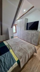 a bedroom with a large bed and a flat screen tv at The Pine Loft by Kopaonik in Kopaonik +17 photos