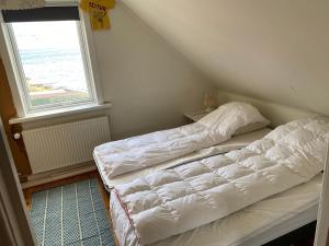 a bedroom with two beds and a window at Ocean view from front parquet in Oyndarfjørður