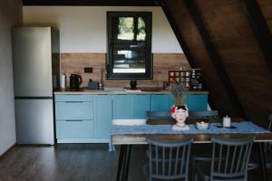 a kitchen with blue cabinets and a table with a vase on it at Villa Šašava in Bosanska Gradiška