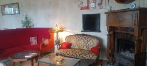 a living room with a couch and a tv at Le Cottage des chats in Beaulieu-sur-Loire