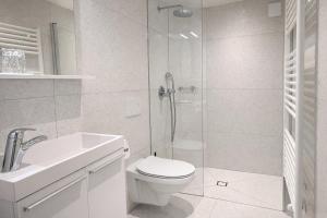 a bathroom with a shower and a toilet and a sink at Penzion Pibernik in Bled +36 photos