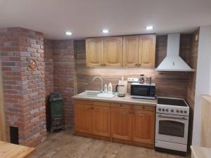 a kitchen with wooden cabinets and a brick wall at Chata Jeřabina in Klíny
