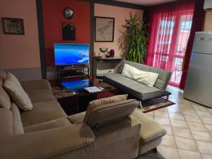 a living room with two couches and a television at Tommy Apartman in Hajdúszoboszló