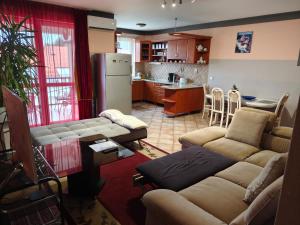 a living room with couches and a kitchen at Tommy Apartman in Hajdúszoboszló