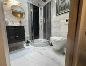 a bathroom with a shower and a toilet and a sink at Lilas House in Beauvais +32 photos