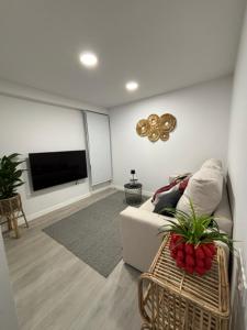 a living room with a couch and a flat screen tv at Marea in Sanxenxo