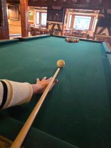 Eine Person spielt Billard mit einer Kugel auf einem Billardtisch in der Unterkunft Campbell River Lodge in Campbell River