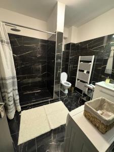 a bathroom with a black tiled shower with a toilet at Apartment PMS in Veľká Mača +20 photos