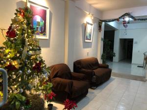 a living room with a christmas tree and a couch at Hotel MERLI in Asunción Nochixtlán +2 photos