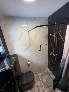 a bathroom with a shower with a toilet and a sink at Domek pod Besidą in Czarna +38 photos