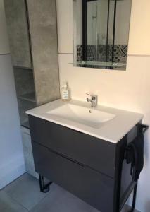 a bathroom with a white sink and a mirror at Gîte Ruoms in Ruoms