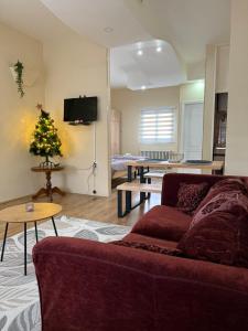 a living room with a couch and a christmas tree at Apartman Milica in Kremna