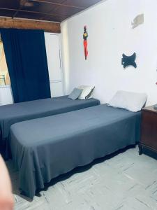a bedroom with two beds with blue sheets and a window at La Casa de la Abuela in Paso de los Libres