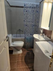 a bathroom with a toilet and a tub and a sink at NK Dreamy Suite in Thiva