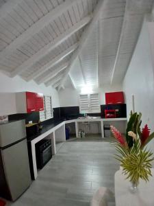 a large kitchen with red cabinets and a table at O paradis de Beauplan in Port-Louis +13 photos
