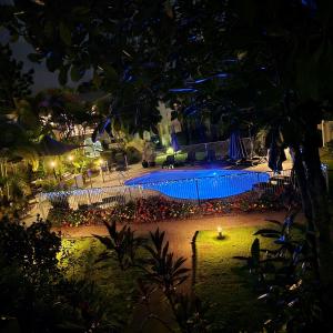 a view of a pool at night with lights at Noosa River Retreat in Noosaville