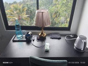 a desk with a lamp and a window at ARHH castle in Ginigathena