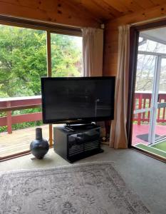 a living room with a flat screen tv and a balcony at Steve's Cozy Retreat in Taupo