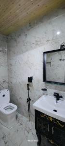 a bathroom with a toilet and a sink and a mirror at Hikal Guest House in Gilgit +61 photos