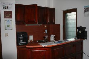 a kitchen with wooden cabinets and a counter top at Todorova House in Zlatograd