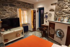 sala de estar con TV y pared de piedra. en La Casina della Tagià, en Manarola