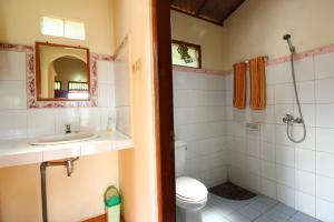 a bathroom with a sink and a toilet and a mirror at Made Homestay Munduk in Munduk
