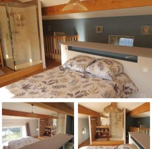 a bedroom with a bed and a glass shower at Le Trible in Labeaume