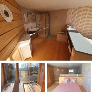 two pictures of a kitchen with a counter and a room at Le Trible in Labeaume
