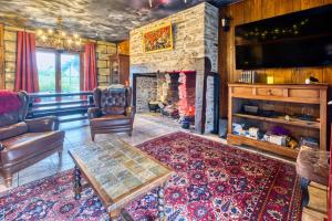 a living room with a fireplace and a tv at Les gîtes du Gauliat in Espartignac