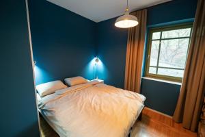a bedroom with a bed with a blue wall at Srafko apartment in Subotica