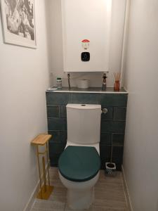 a small bathroom with a toilet with a green seat at Studio POP Canet En Roussillon in Canet-en-Roussillon